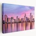 San Diego skyline depicted in muted watercolor shades on a large stretched canvas, suitable for kitchen wall art.