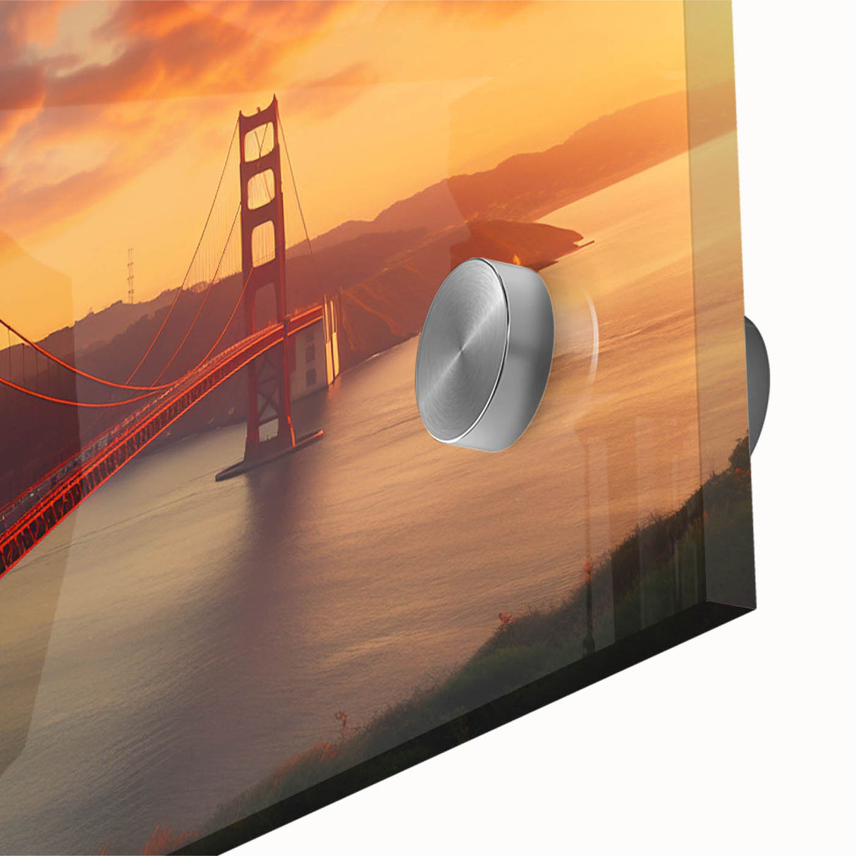 Large abstract depiction of San Francisco in muted blue and orange tones on acrylic glass, suited for dining room art.