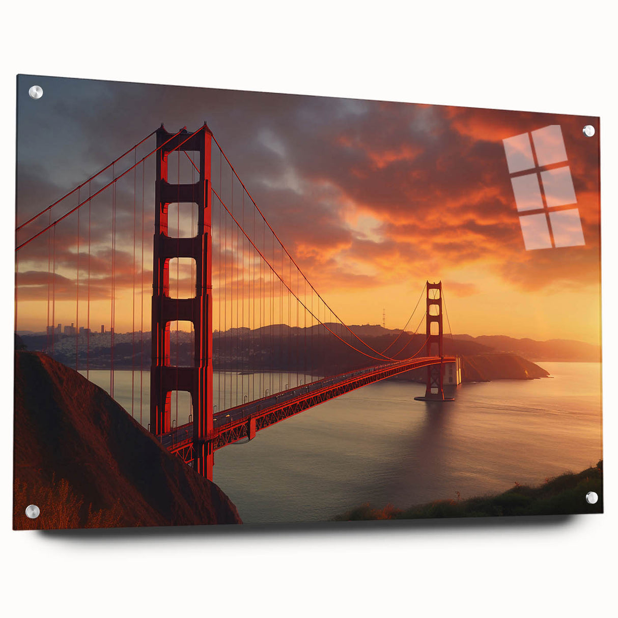 Acrylic print of San Francisco skyline in muted blue and gray hues, suitable for dining room or bedroom decor.