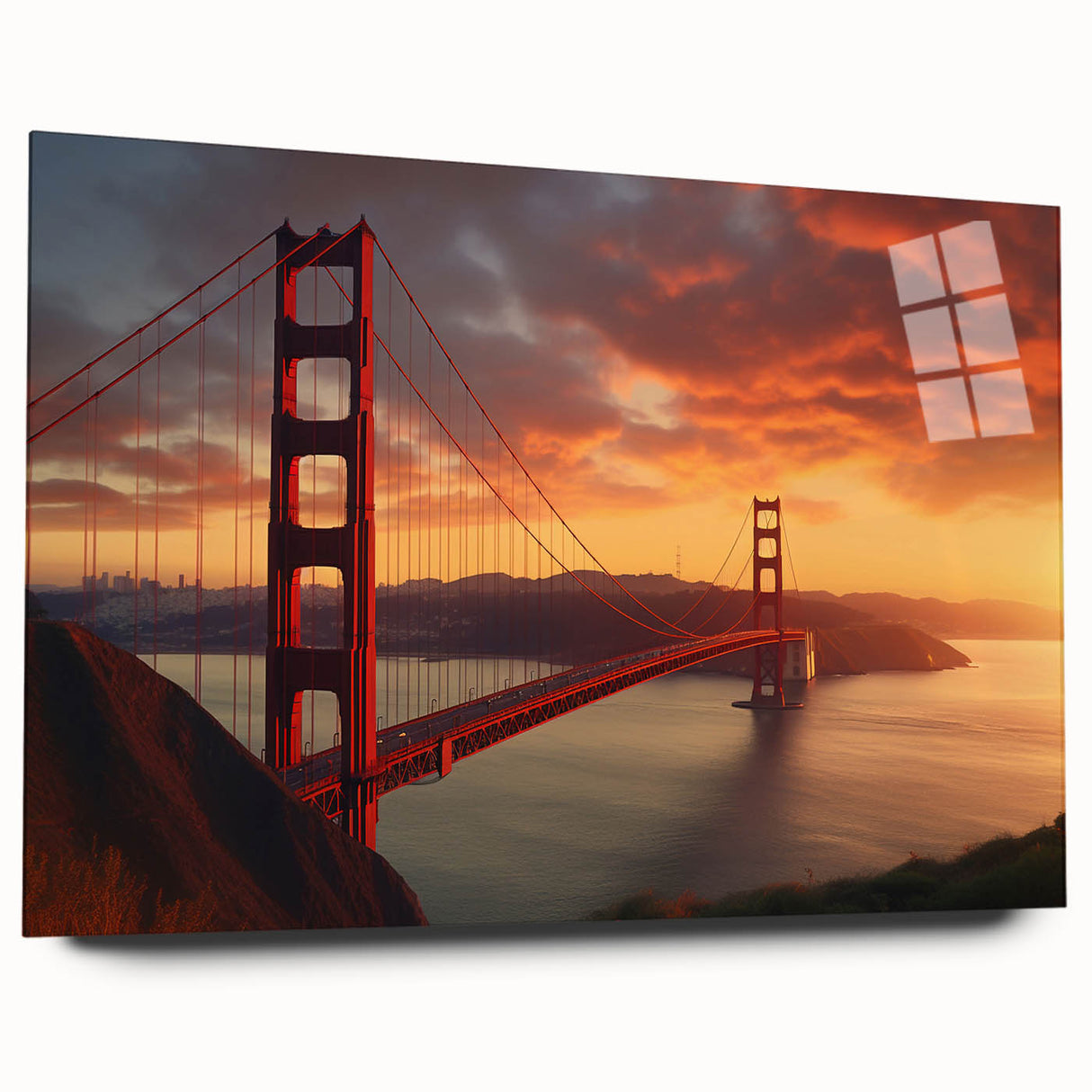 Large abstract depiction of San Francisco skyline in muted blue tones on acrylic glass, ideal for bedroom or dining room art.