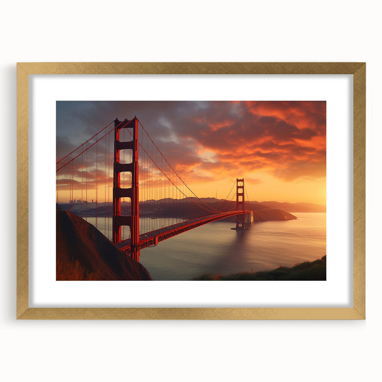 Extra large abstract art print of San Francisco scenery in muted earth tones, framed in gold, ideal for living room decor.