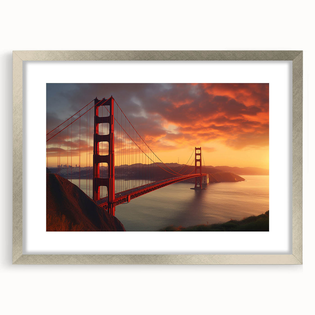 Textured art print of abstract San Francisco scenery in muted gray tones, framed in silver, ideal for bedroom art.