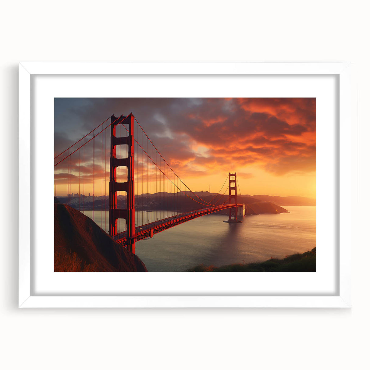 Abstract art print of San Francisco skyline in muted gray and blue tones on a white framed poster.