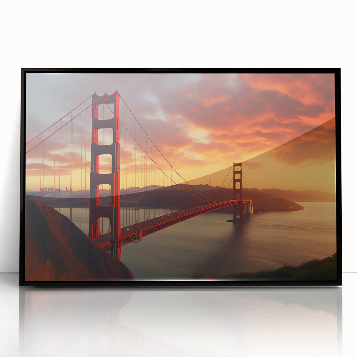Large abstract wall art of San Francisco skyline in black and gray tones on framed acrylic.