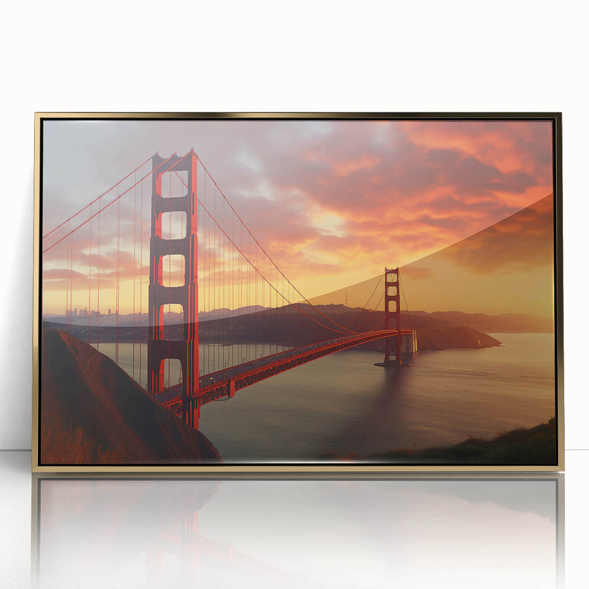 Large art print of San Francisco skyline in muted gold tones on framed acrylic, ideal for modern art wall decor.