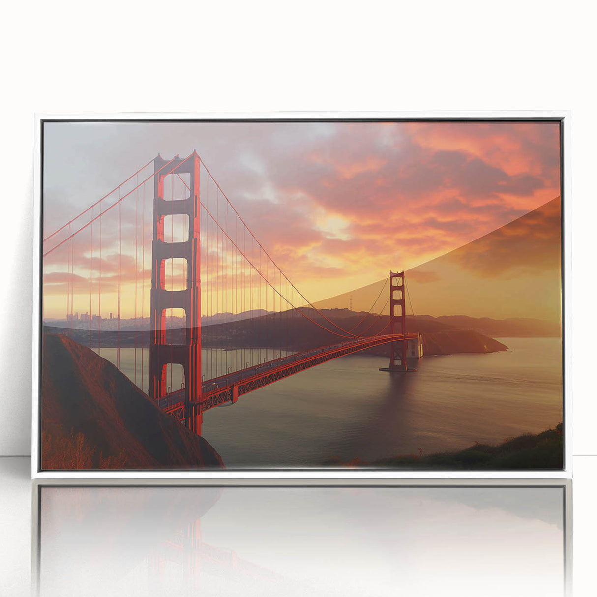 Art deco poster of San Francisco skyline in muted gray and blue tones, framed acrylic, ideal for modern art wall decor.