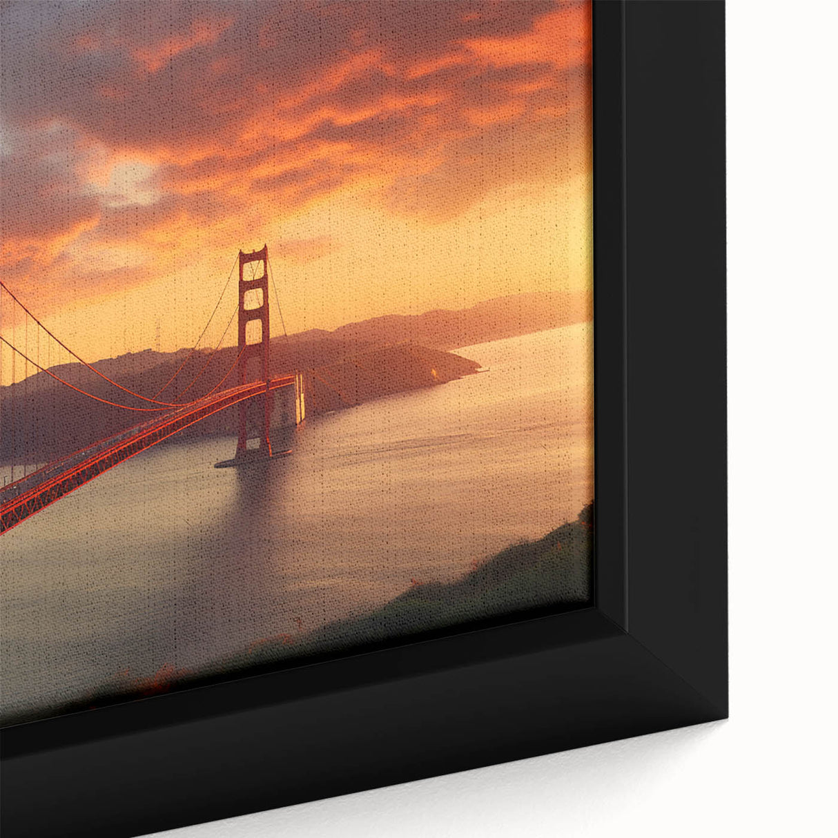 Extra large framed canvas depicting a textured black skyline of San Francisco with colorful background accents.