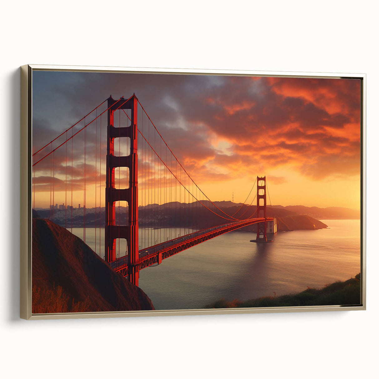 Framed canvas featuring a vintage-style landscape painting of the San Francisco skyline in black and gold tones.