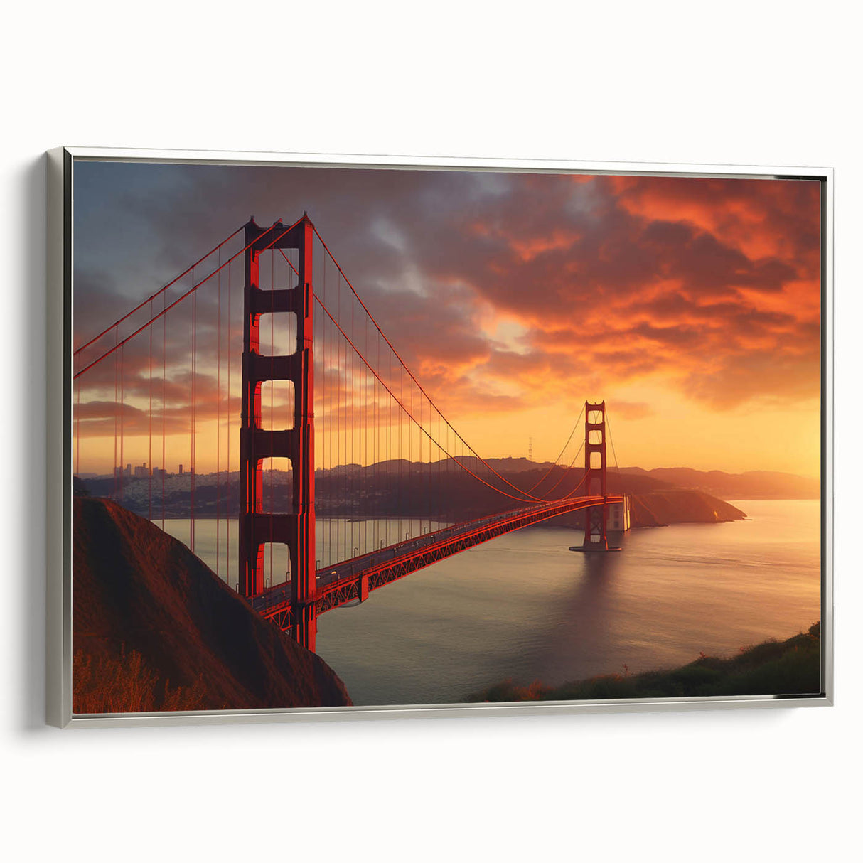 Framed landscape art painting of San Francisco skyline in colorful hues on silver canvas, ideal for office decor.