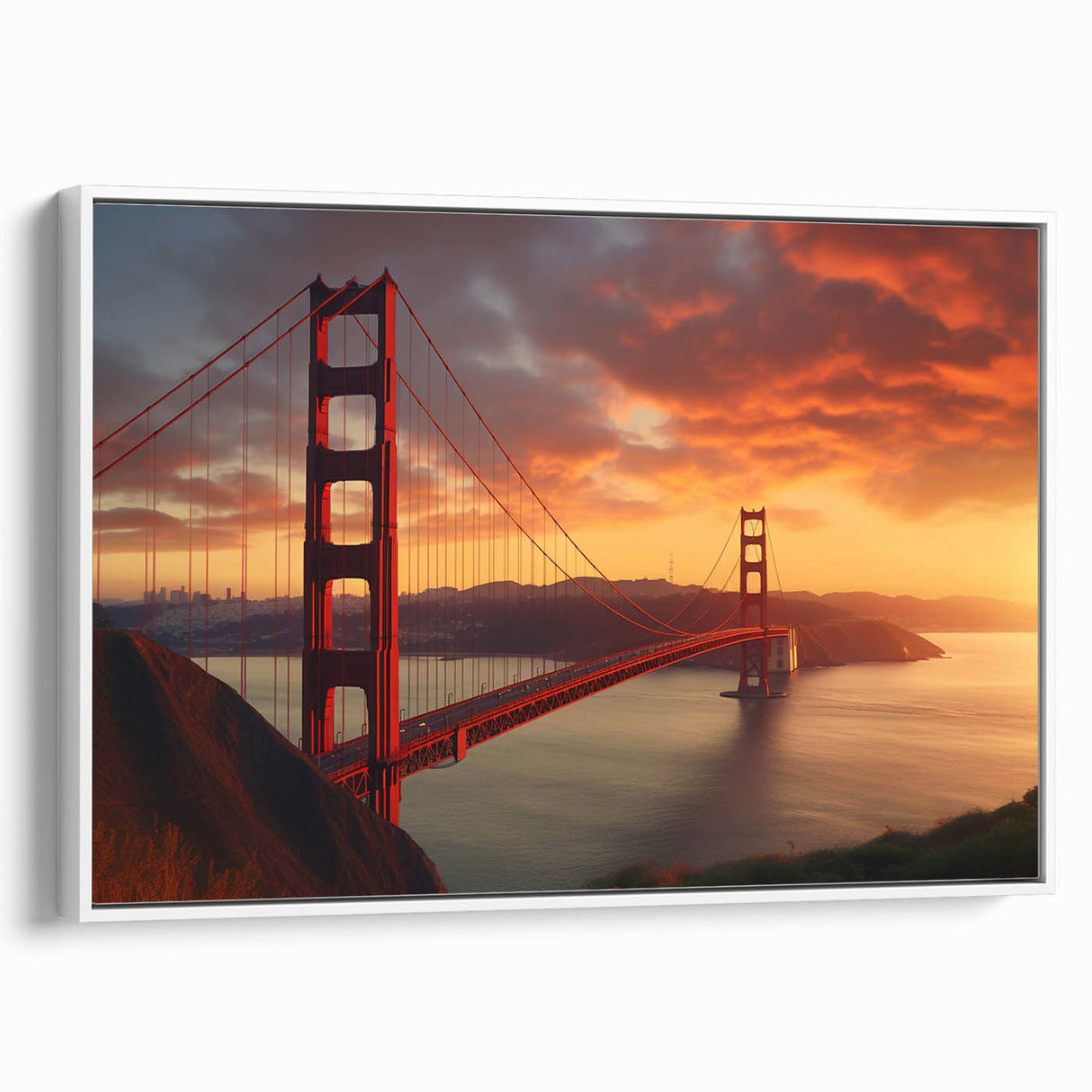 Vintage poster art of San Francisco skyline in vibrant colors on extra large framed canvas, ideal for living room decor.