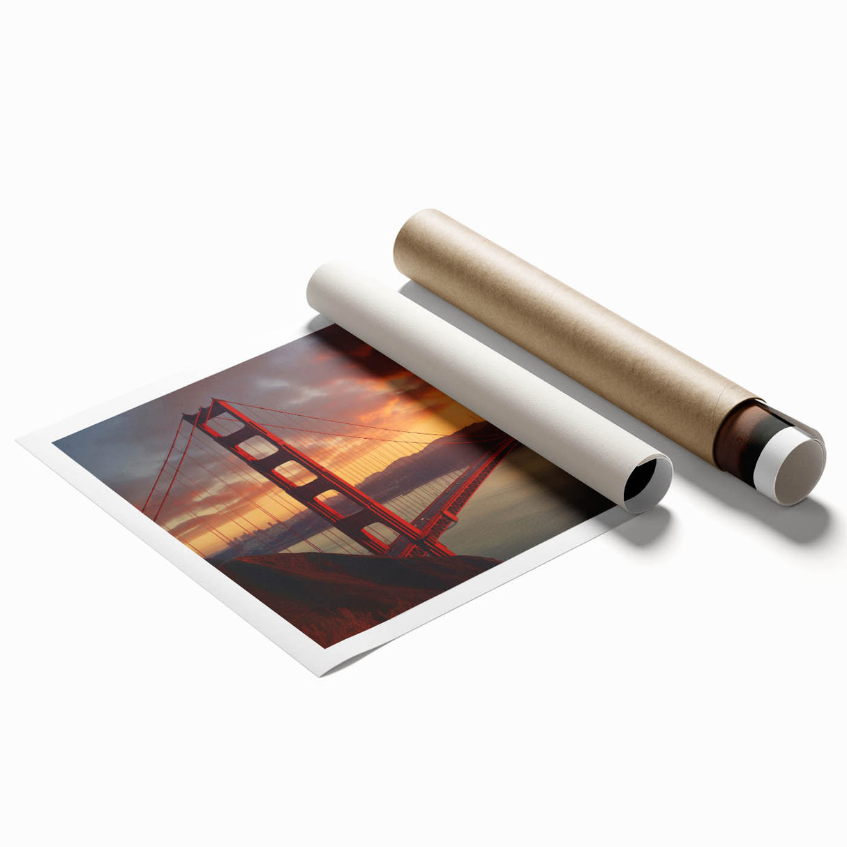 Extra large rolled print of San Francisco scenery with floral accents in muted colors, ideal for classy bathroom wall art.