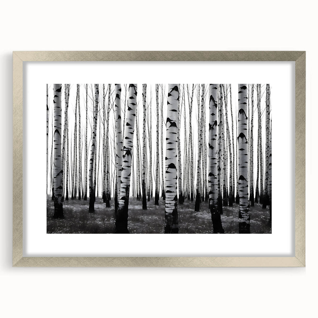 Textured abstract art print of Aspen trees in muted earth tones, framed in silver, ideal for bedroom decor.