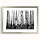 Textured abstract art print of Aspen trees in muted earth tones, framed in silver, ideal for bedroom decor.