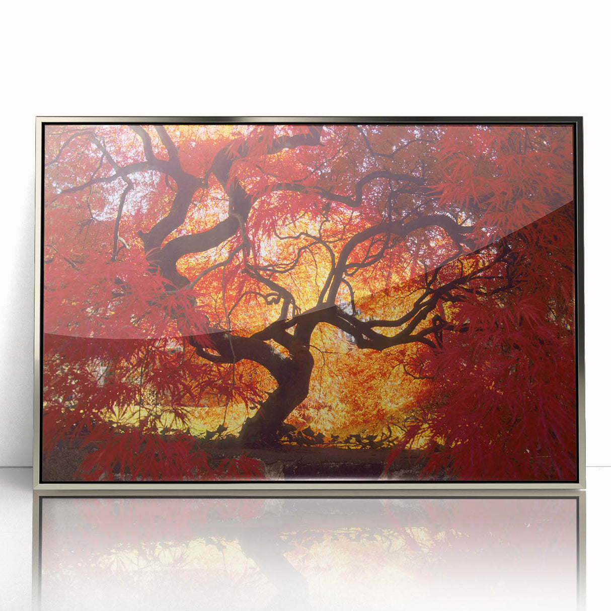Mid-century modernist art depicting Connecticut scenery in muted blue tones on a silver-framed acrylic print.