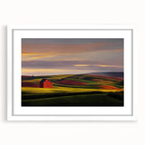 Abstract art print of Idaho scenery in muted earth tones on a white matted frame, ideal for dining room decor.