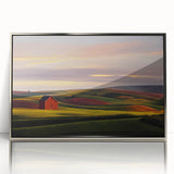 Mid-century modernist art depicting Idaho scenery in muted earth tones on a silver-framed acrylic print.