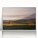 Art deco poster depicting Idaho scenery in muted earth tones on a white framed acrylic, ideal for modern art wall decor.