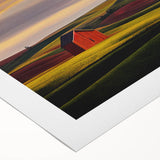 Art deco poster featuring a serene Idaho landscape in muted green and blue tones on rolled canvas.