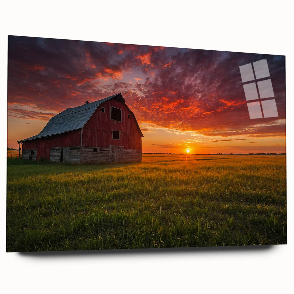 Large abstract wall art depicting Iowa scenery in muted earth tones on acrylic glass, ideal for bedroom or dining room decor.