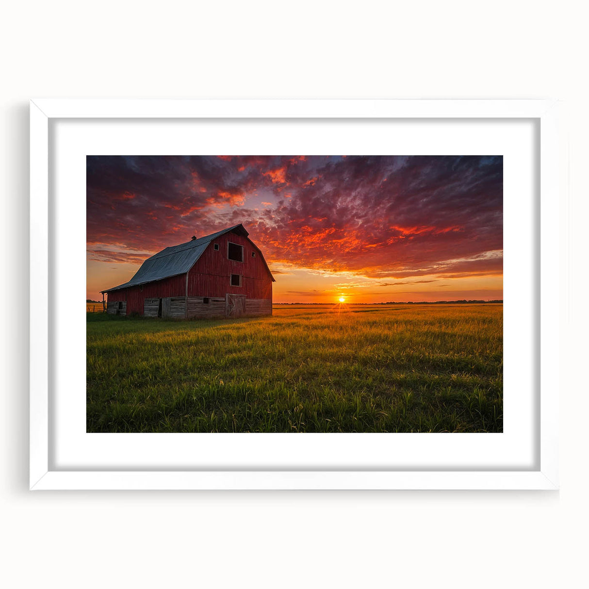 Abstract art print of Iowa scenery in muted earth tones on a white framed mat, suitable for bedroom or dining room decor.