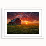Abstract art print of Iowa scenery in muted earth tones on a white framed mat, suitable for bedroom or dining room decor.