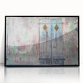 Large abstract wall art depicting a vibrant New Orleans cityscape, in mid-century modern style on black-framed acrylic.