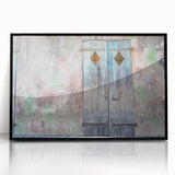 Large abstract wall art depicting a vibrant New Orleans cityscape, in mid-century modern style on black-framed acrylic.