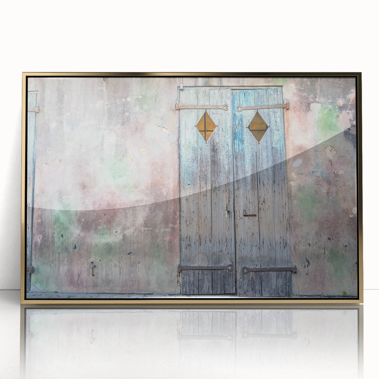 Large art print of New Orleans scenery in mid-century modernist style, framed in gold acrylic.