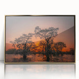 Mid-century modernist Louisiana scenery on a large acrylic print in muted gold tones, suitable for modern art wall decor.