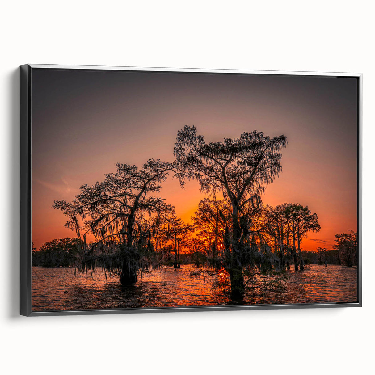 Black and white framed canvas of a Louisiana landscape, featuring vintage poster art style, ideal for bedroom wall decor.
