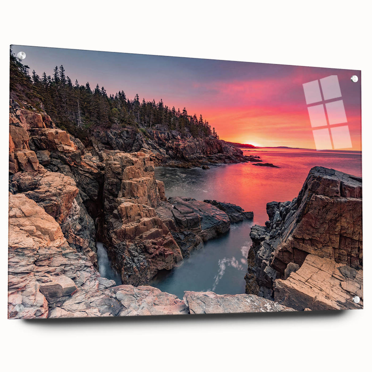 Acrylic print of Acadia National Park with vibrant green and blue tones, ideal for dining room decor.