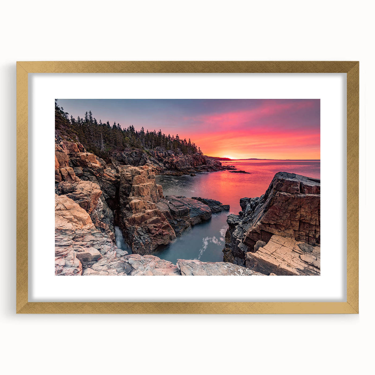 Extra large abstract art print of Acadia, Maine scenery in muted earth tones, framed in gold, ideal for living room decor.