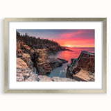 Textured art of Acadia's rugged coastline in muted earth tones, framed in silver, ideal for bedroom art.
