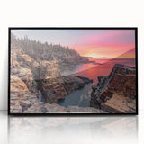Large abstract wall art depicting Acadia's rugged coastline in muted earth tones on a framed acrylic.
