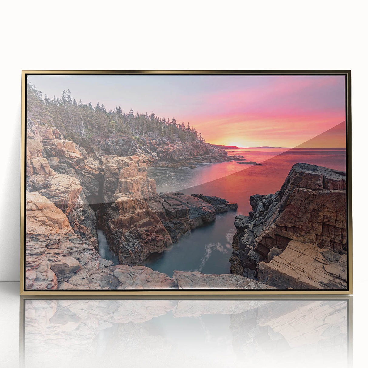 Framed acrylic print of Acadia National Park in muted earth tones, ideal for modern art wall decor.