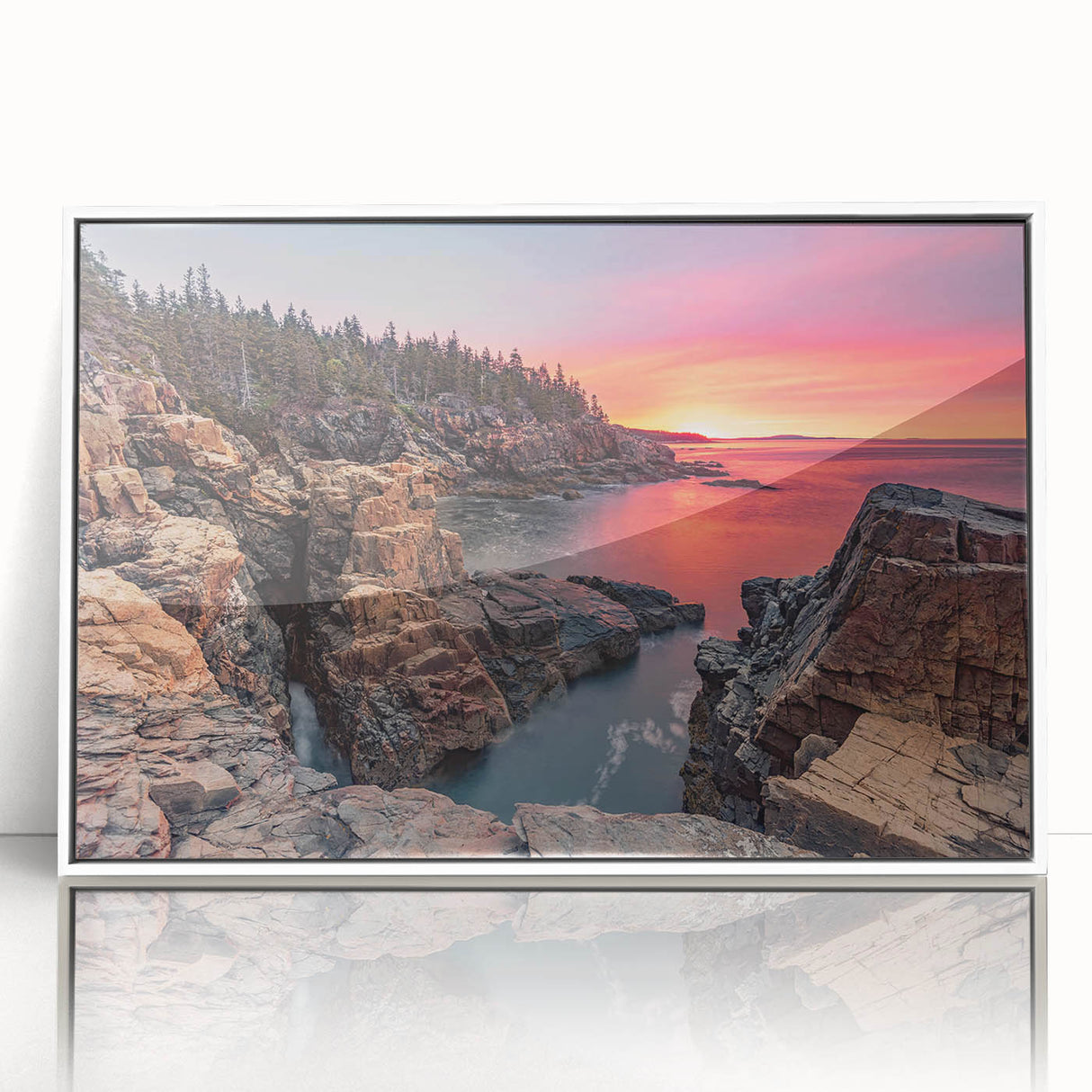 Acadia National Park landscape on white framed acrylic, featuring serene blue and green tones.