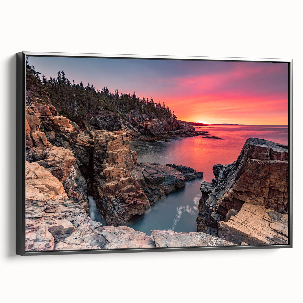 Black and white landscape art of Acadia, Maine on framed canvas, suitable for bedroom wall decor.