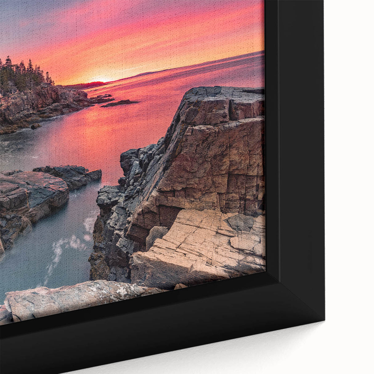 Extra large framed canvas depicting a textured scene of Acadia, Maine, with a black background and colorful foreground.