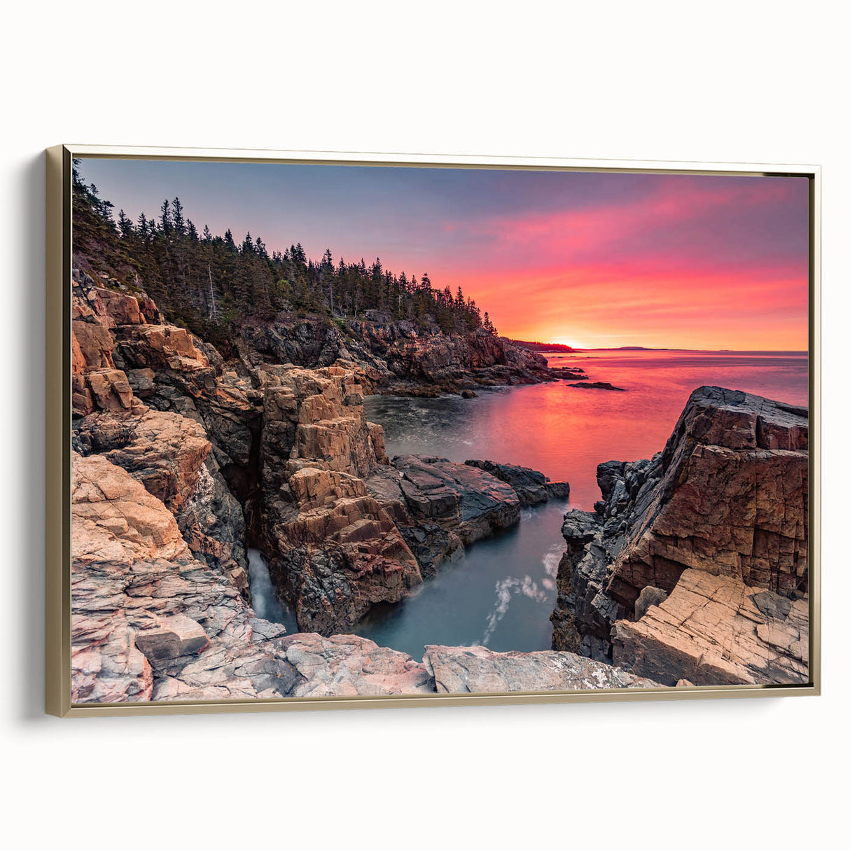 Framed canvas featuring a landscape painting of Acadia, Maine, with muted earth tones, ideal for bedroom wall art.