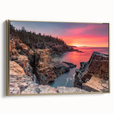 Framed canvas featuring a landscape painting of Acadia, Maine, with muted earth tones, ideal for bedroom wall art.