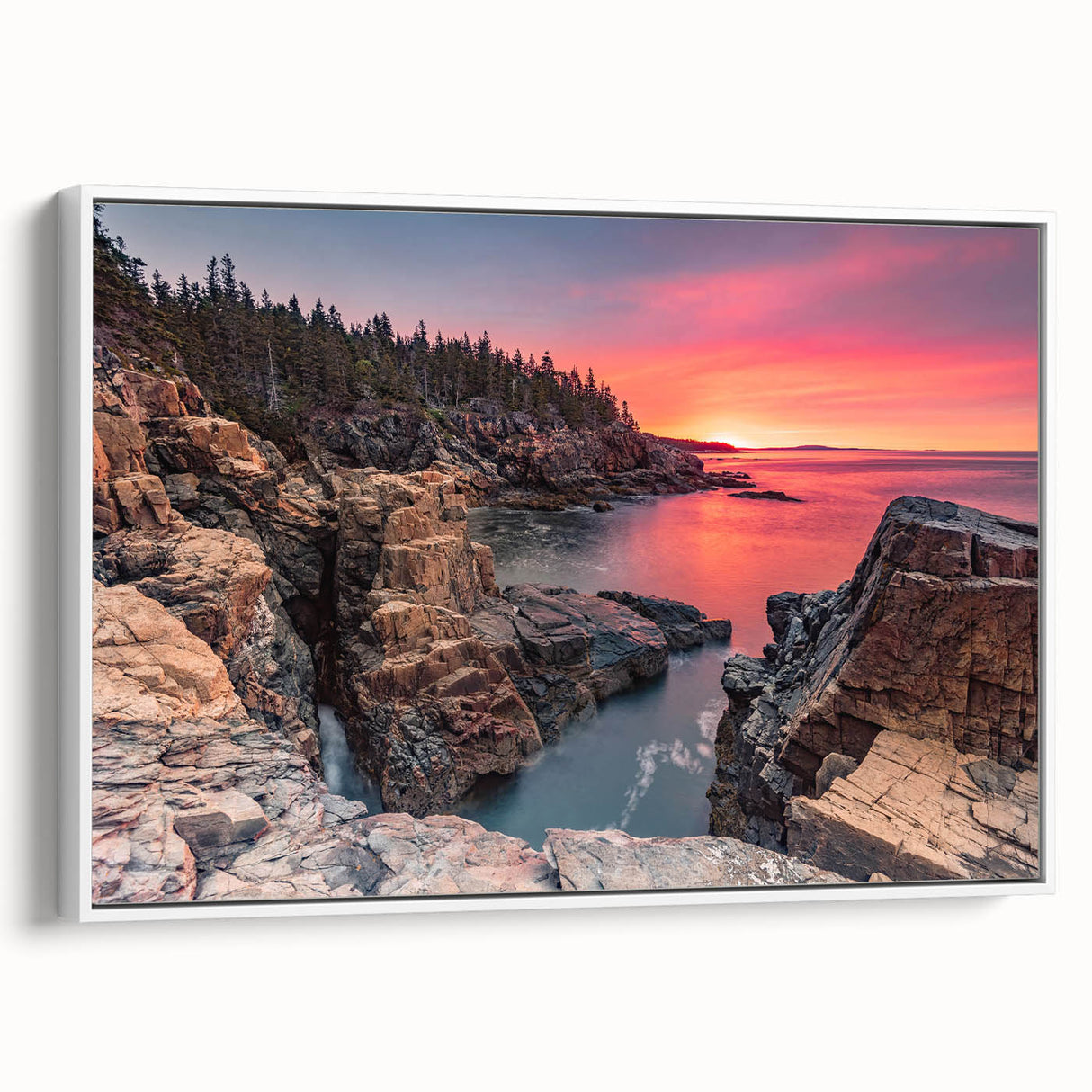 Vintage poster art of Acadia National Park with colorful landscape on a black framed canvas, ideal for living room decor.