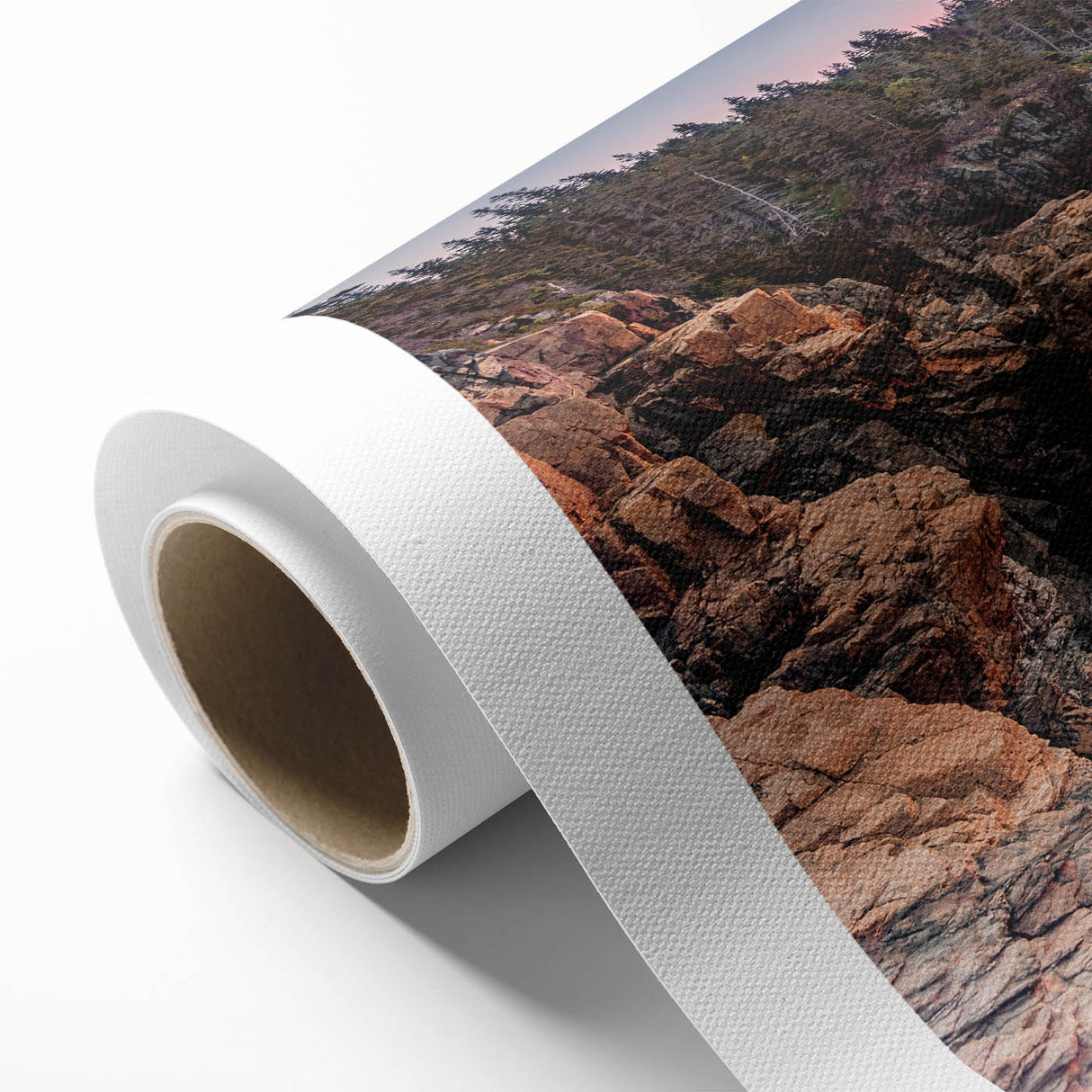 Art Deco style poster of Acadia, Maine scenery on rolled canvas, with muted earth tones.