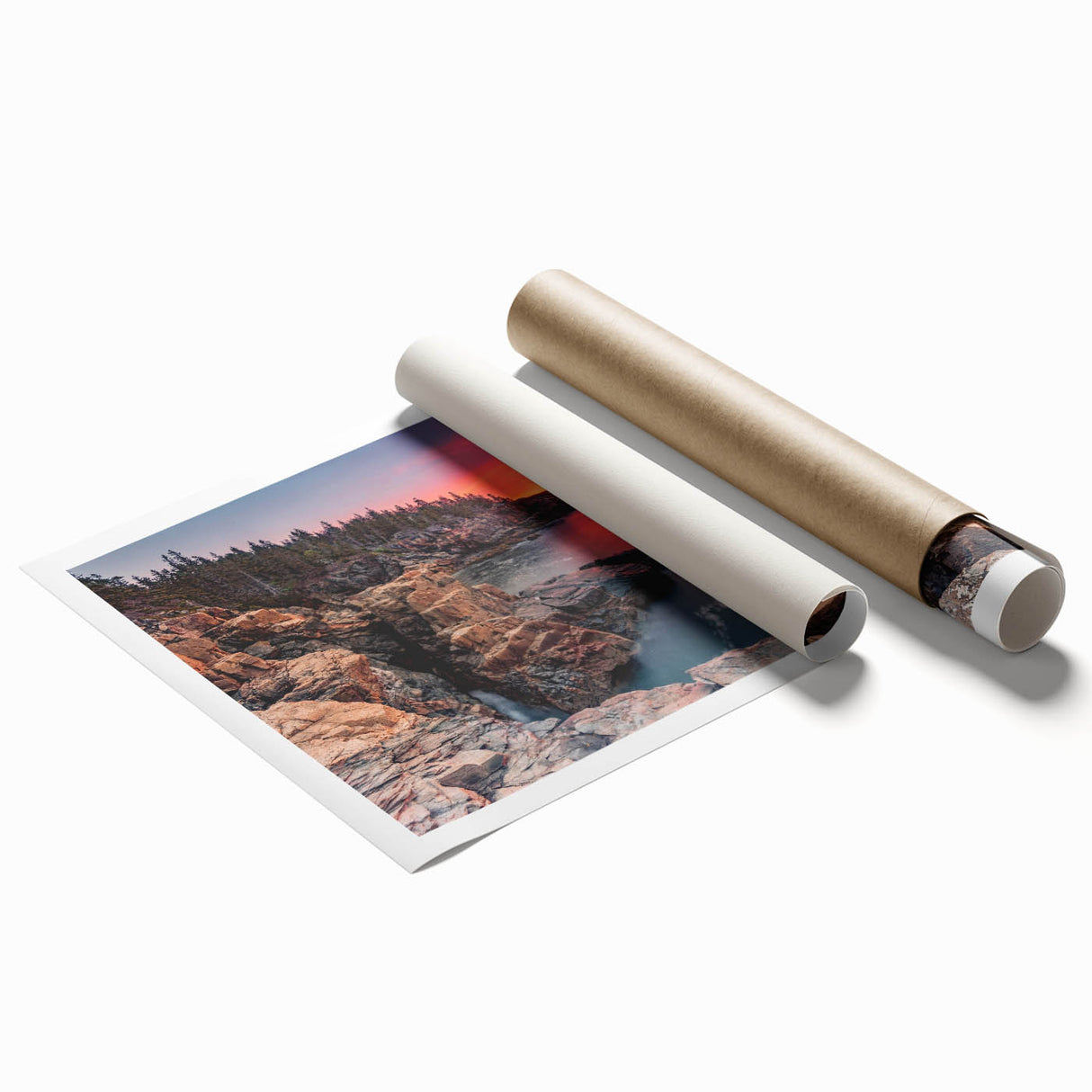 Rolled print of Acadia National Park with vivid greenery and blue sky, ideal for classy bathroom wall art.
