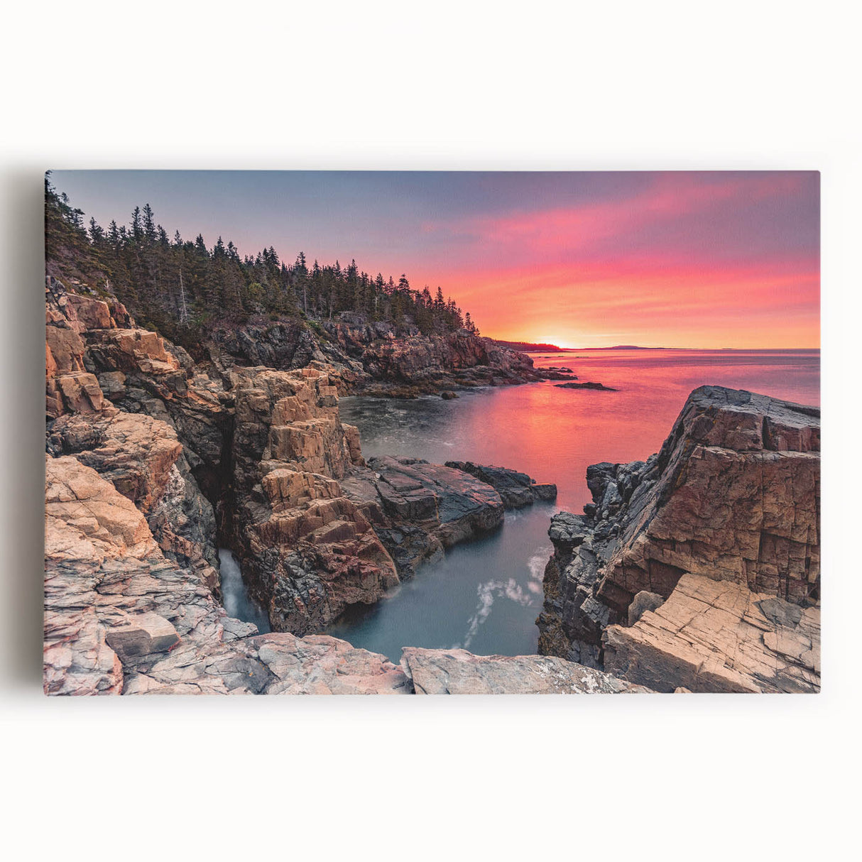 Black and white photograph of Acadia National Park on stretched canvas, ideal for kitchen wall art.