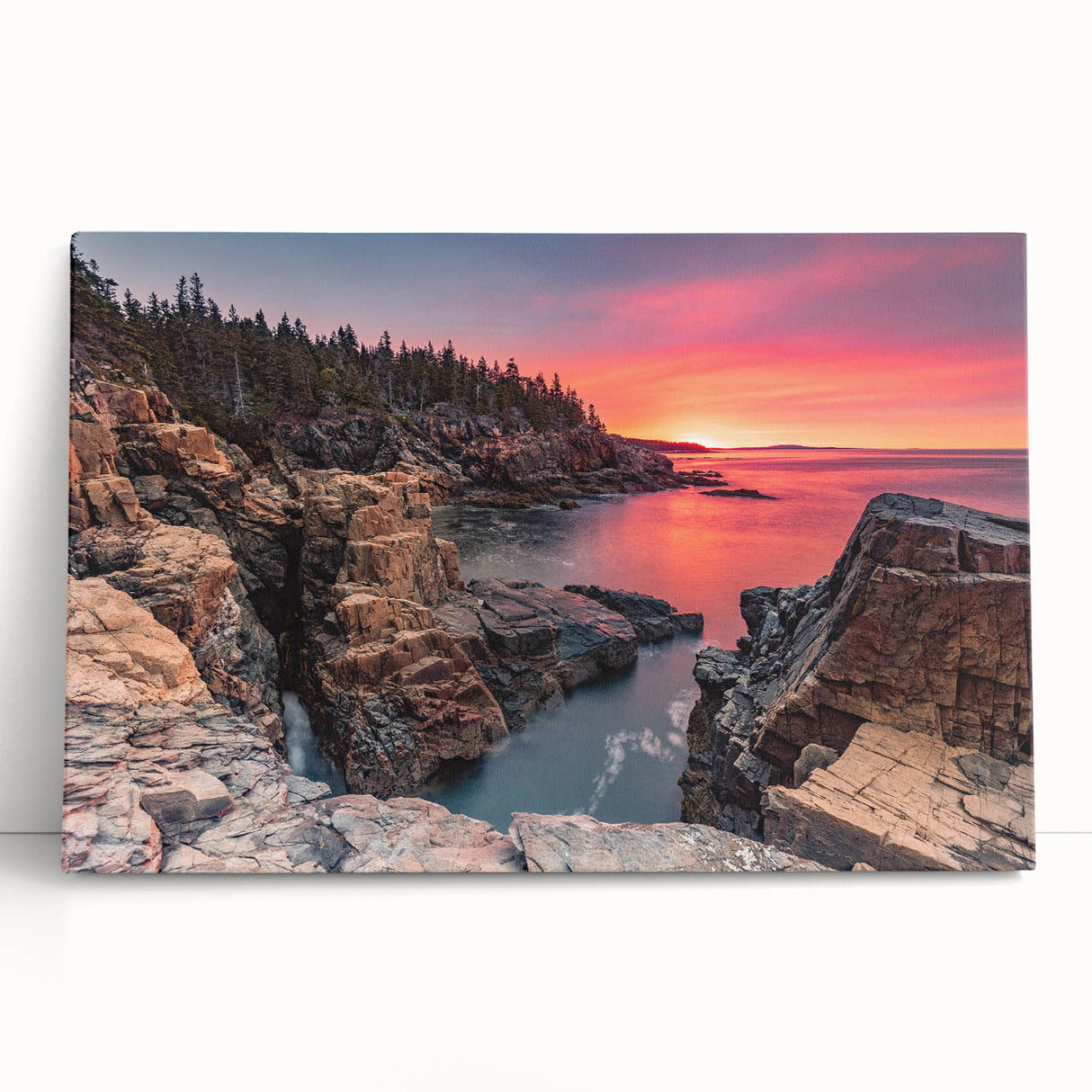 Black and white acrylic print of Acadia National Park, featuring muted tones, ideal for kitchen wall art or bedroom ambiance.