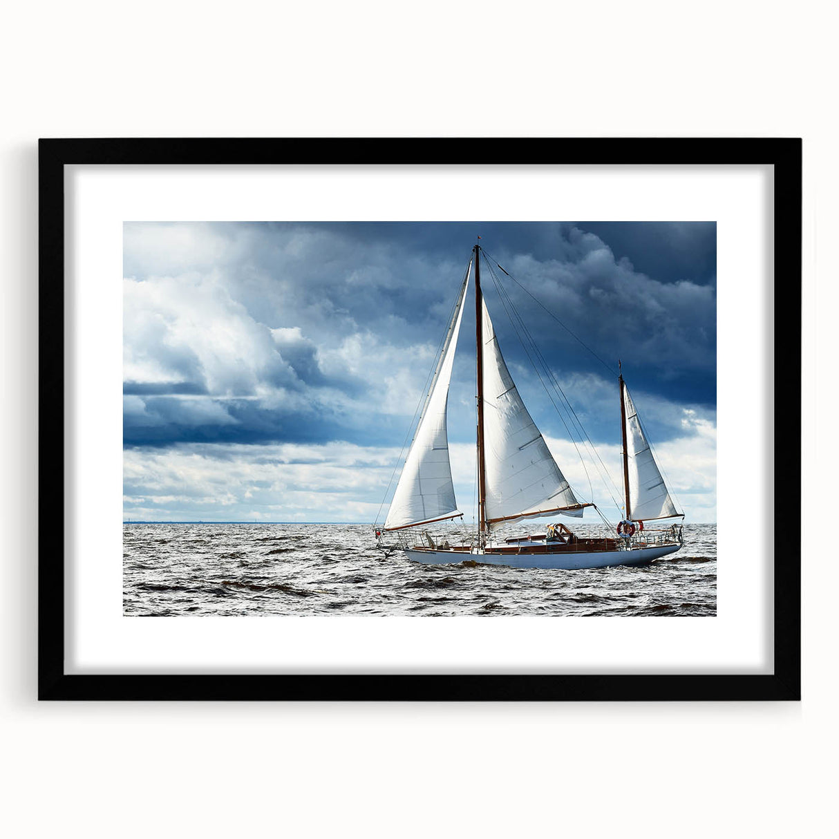 Abstract art print of a vibrant Maine landscape in textured colors on a black framed mat, ideal for living room decor.