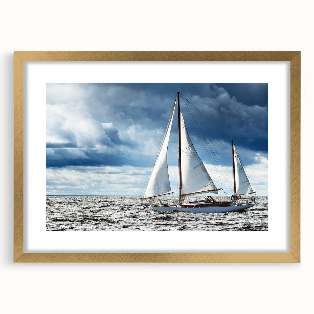 Extra large abstract art print depicting textured scenery of Maine, in muted earth tones, framed in gold.