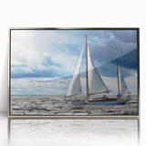 Mid-century modernist art depicting a serene Maine landscape in muted earth tones on a silver-framed acrylic print.