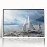 Acrylic print of a serene Maine landscape in soft blue and green tones, framed in white, suitable for modern art wall decor.