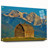 Large abstract wall art depicting a Montana landscape in muted earth tones on acrylic glass.